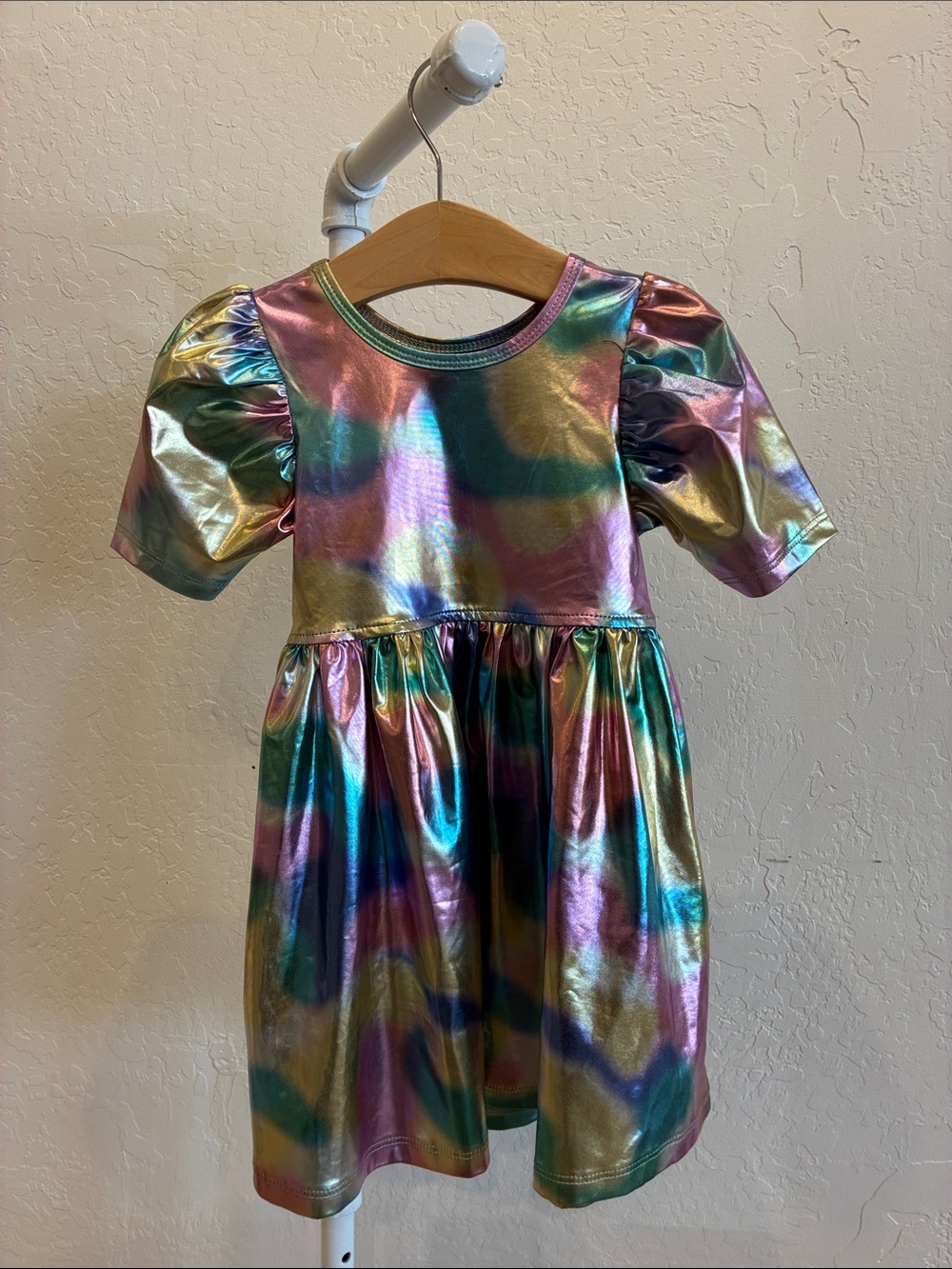 Pink Chicken Iridescent Metallic Rainbow Puff-Sleeve Dress